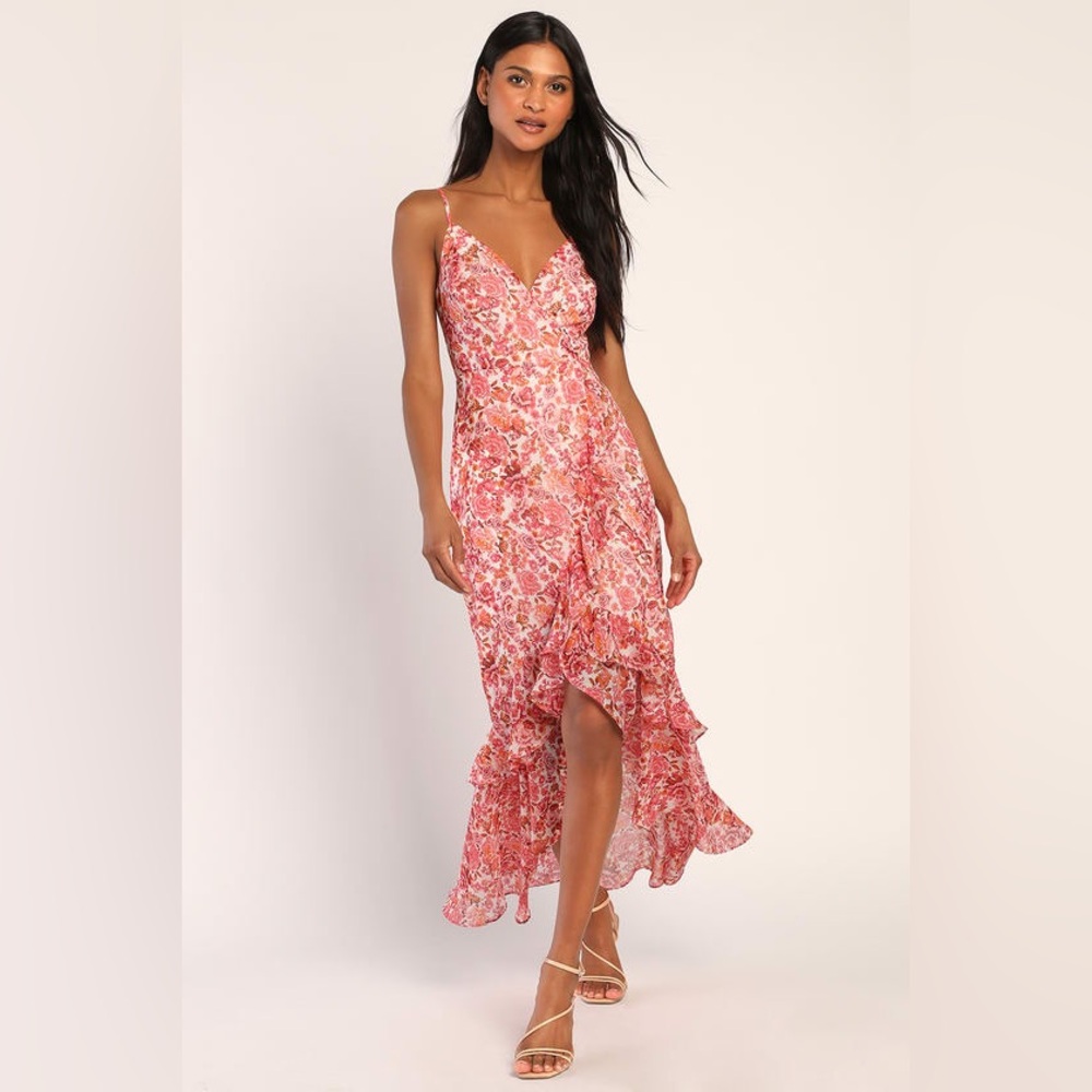 Lulu’s Always Enchanting Pink Floral Metallic Ruffled High-Low Dress XS